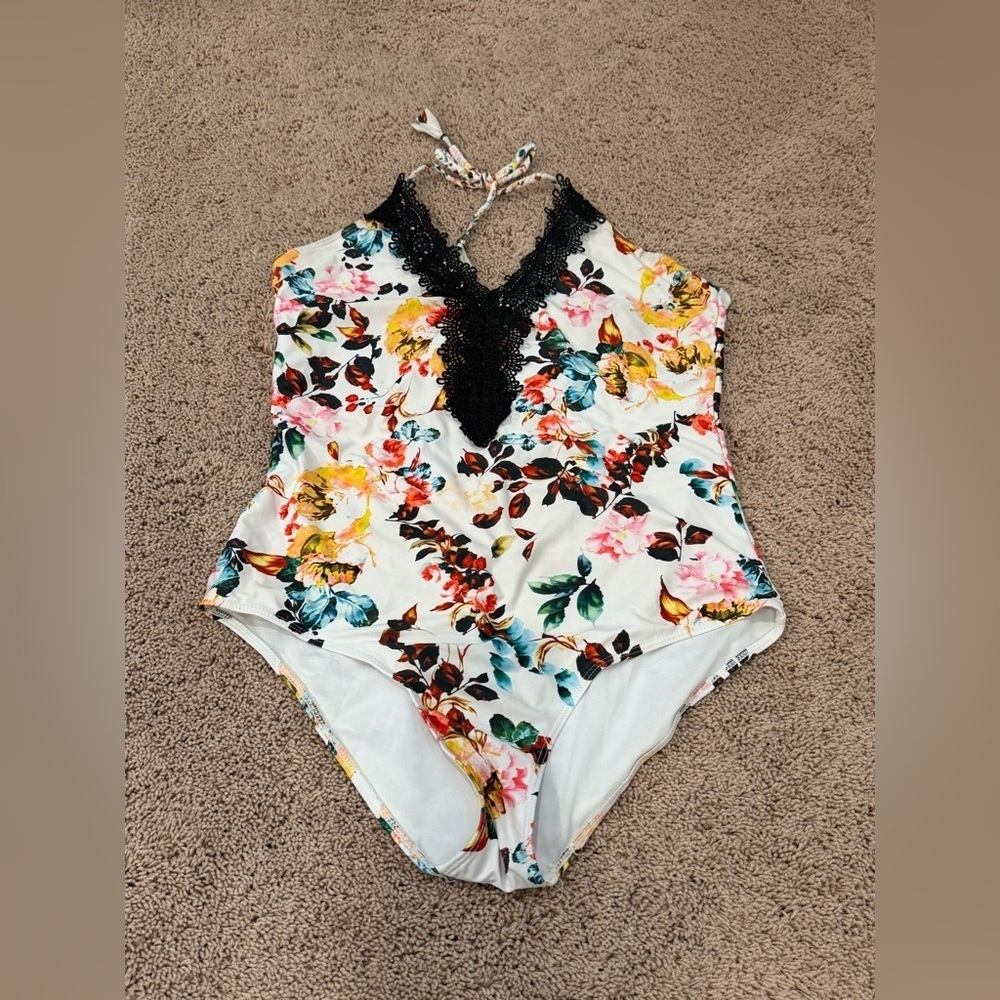 XL one piece halter tie neck floral lace front swimsuit swim multicolor white